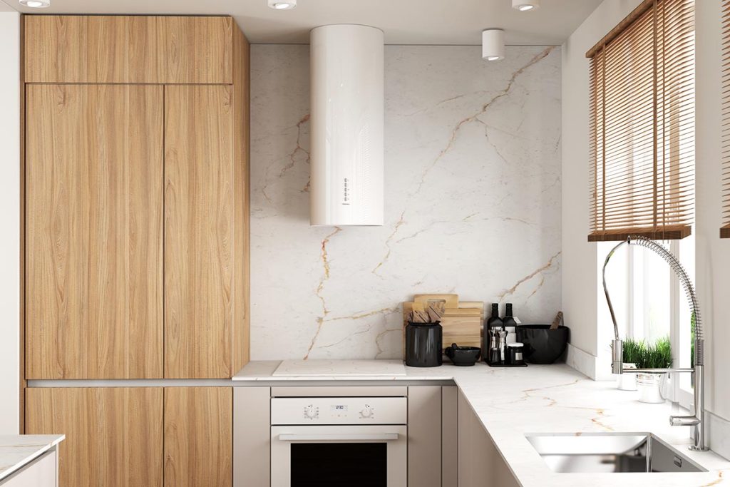 Spiek kwarcowy między szafkami w kuchni